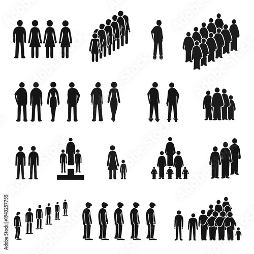 People line silhouettes vector set, diverse crowd waiting, queue group, isolated men, women, children, standing in row, side, and front view