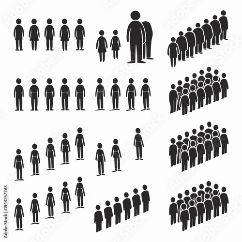 People line silhouettes vector set, diverse crowd waiting, queue group, isolated men, women, children, standing in row, side, and front view