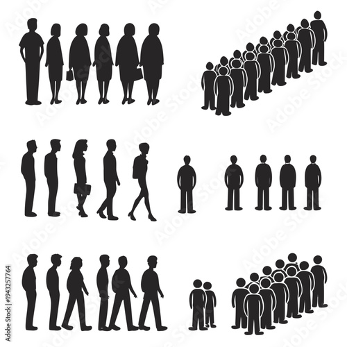 People line silhouettes vector set, diverse crowd waiting, queue group, isolated men, women, children, standing in row, side, and front view