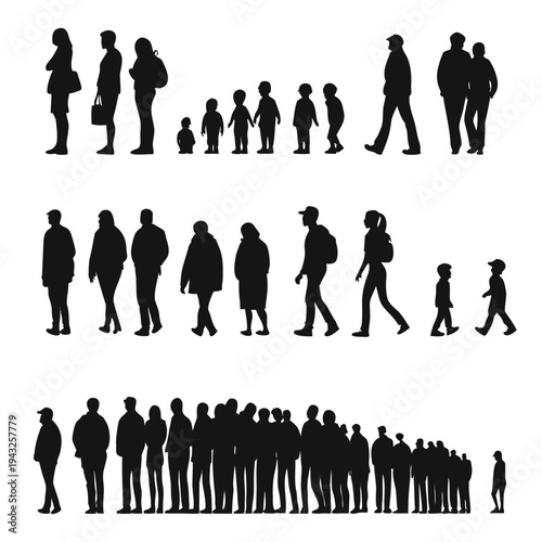 People line silhouettes vector set, diverse crowd waiting, queue group, isolated men, women, children, standing in row, side, and front view