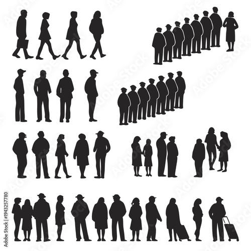 Various crowd silhouettes including people standing in lines walking with luggage and grouped together in different postures for urban design work