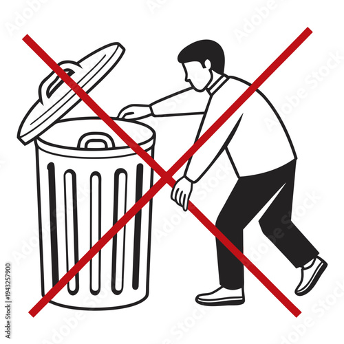 Illustration of a man attempting to rummage through a trash can with a large red cross mark over the scene to indicate no scavenging or dumping