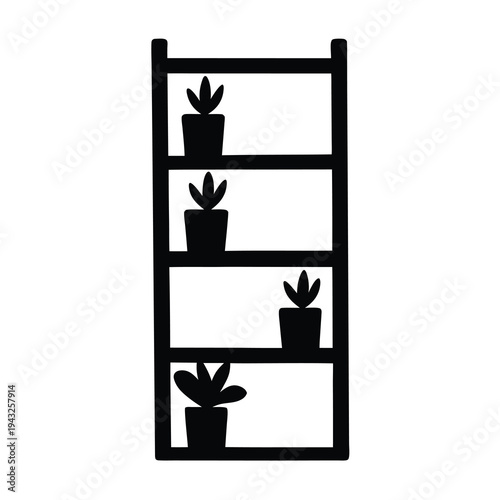 Minimalist shelf filled with potted plants in a black and white drawing