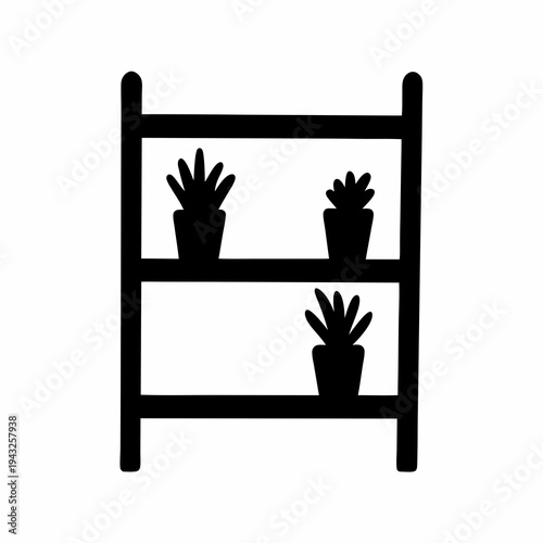 Stylized two shelf bookcase displaying a collection of three potted houseplants