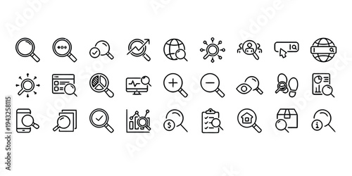 Search and analytics icons collection representing data analysis and business strategy