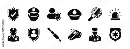 Security and law enforcement icons in black and white