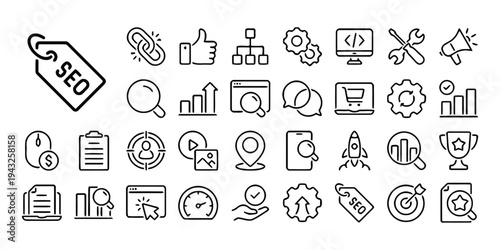 SEO and digital marketing icons for website optimization, traffic and online business growth