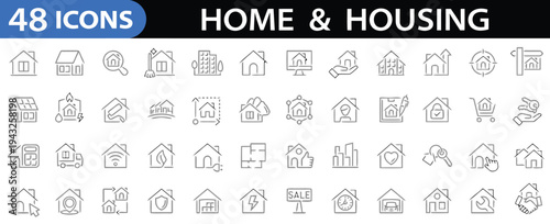 Set of 48 home and housing outline icons on white background