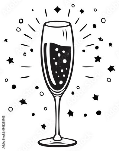 Champagne glass doodle with sparkling wine and stars illustration for holiday celebration