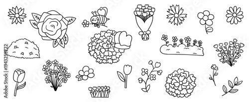 Set of hand drawn flower and garden elements with roses daisies and cute bee for spring nature theme vector illustration design.