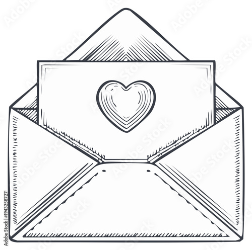 Hand Drawn Letter with Heart Symbol Inside Open Envelope Valentine Concept Greeting Post Message and Correspondence