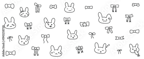 Set of hand drawn cute rabbit faces and ribbon bows for nursery decoration or sticker collection vector illustration design.