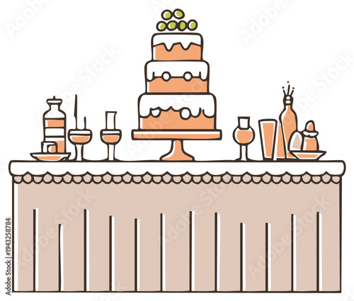 Wedding Dessert Table Illustration with Three-Tiered Cake, Food, and Beverage