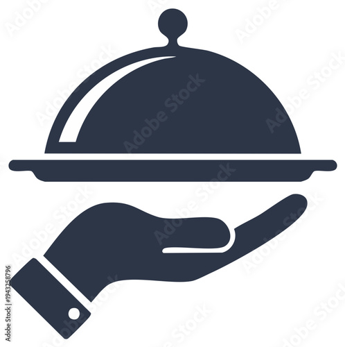 Hand holding elegant food cloche tray icon for restaurant service delivery hospitality