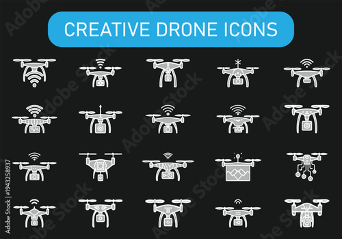 Collection of black silhouette icons representing aerial drones with cameras and wireless connectivity signals