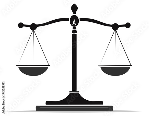 Silhouette illustration of a balanced justice scale symbol isolated on a light background