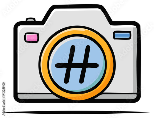 Camera icon with hashtag symbol inside lens, symbolizing social media photography and content creation