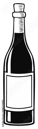 Vintage Illustration of Wine Bottle with Cork, Empty Label, and Liquid