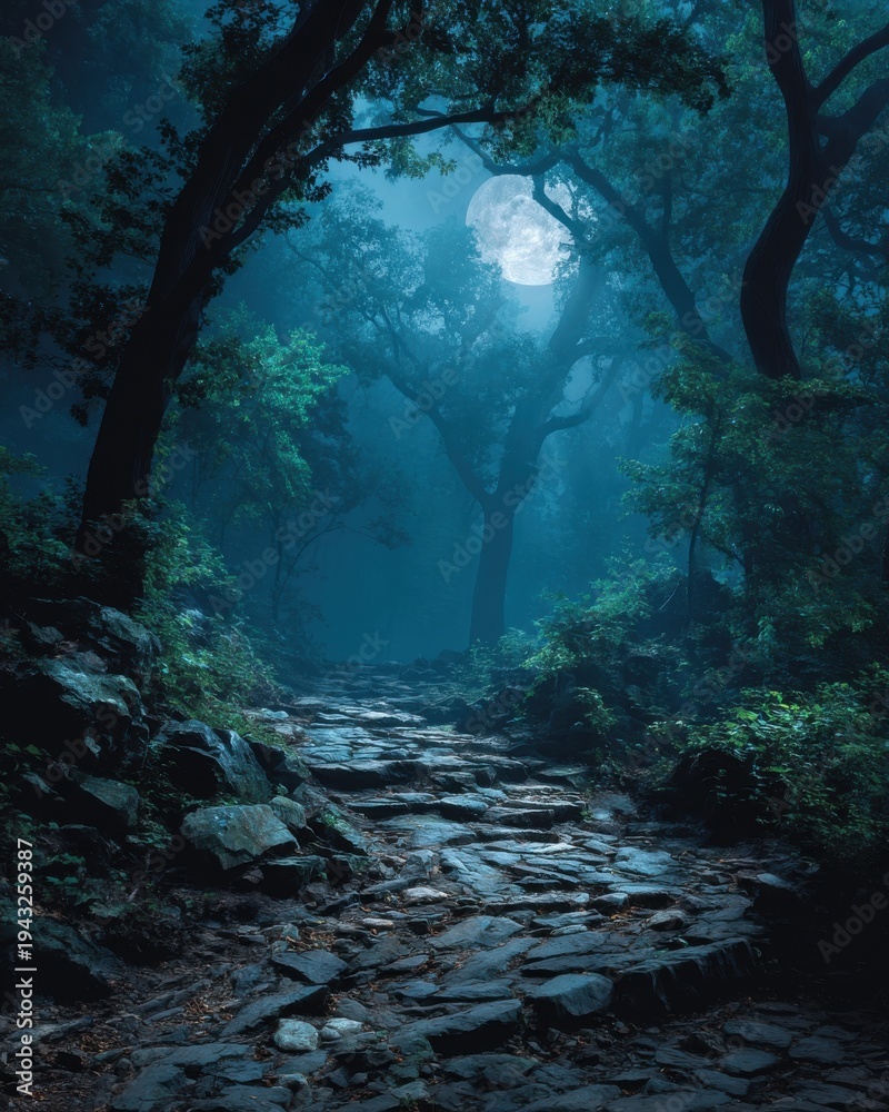Obraz premium Stone path winding through a dark misty forest at night with a full moon shining overhead landscape view