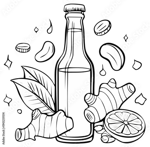 Illustration of a Ginger Drink Bottle with Fresh Ingredients