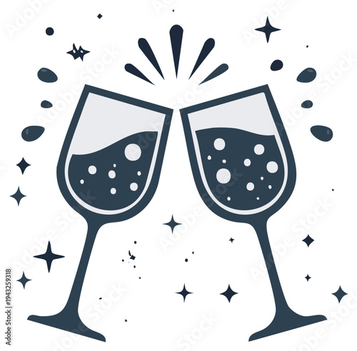 Two wine glasses toasting celebration with bubbly liquid illustration, stars decoration for festive cheers moment and icon