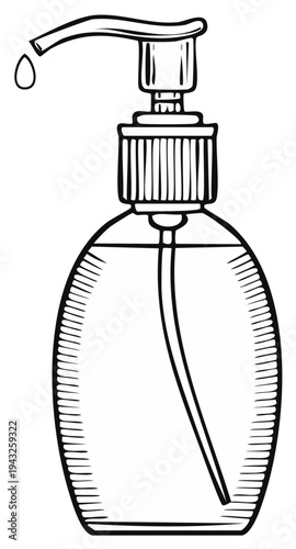 Hand sanitizer bottle with pump dispenser releasing a drop of liquid illustration