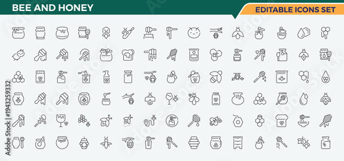 Bee And Honey simple icon set. Modern linear icons. Sweet icon set. Contains outline symbols like organic, beehive, wax, comb, food, bee and more.