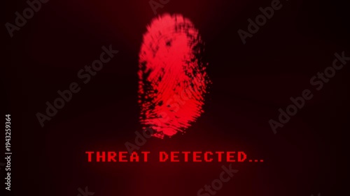 Horizontal Cyber threat detected message with red alert fingerprint scan on black background loop