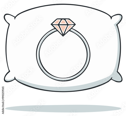 Cartoon engagement ring with diamond on pillow, proposal concept