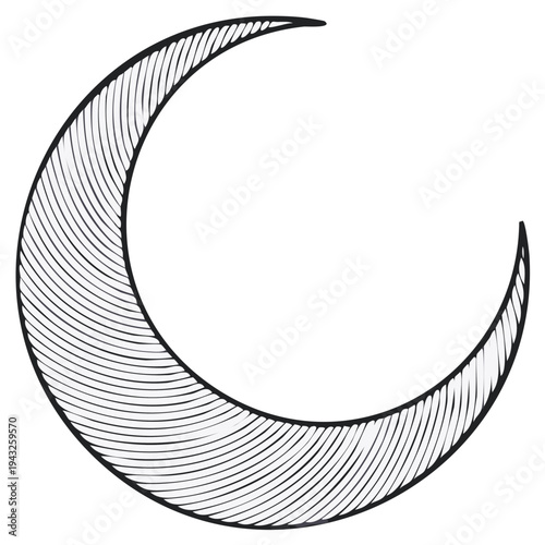 Simple black and white crescent moon illustration with detailed line hatching texture, celestial body in night sky symbol