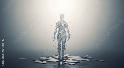 High Quality, Professional A faceless human figure made of shattered mirrored pieces standing on broken glass floor with light background Stock Photo, AI Generated
