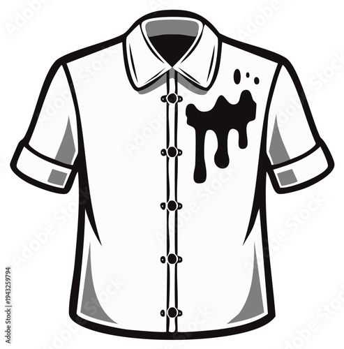 White shirt with a dark stain, short sleeves, button down style, monochrome illustration