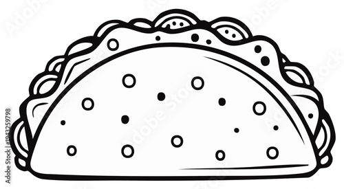 Black and white line art illustration of a single taco filled with ingredients