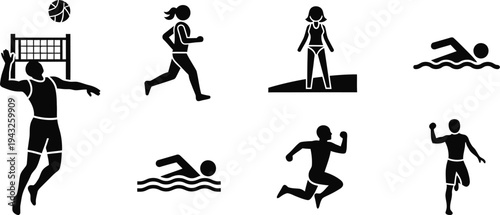 Black silhouettes of athletes competing in various sports