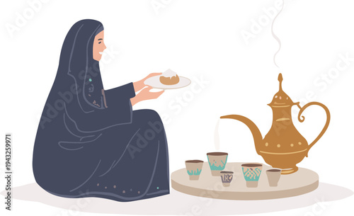 A woman in abaya serves traditional Arabic coffee from a teapot.