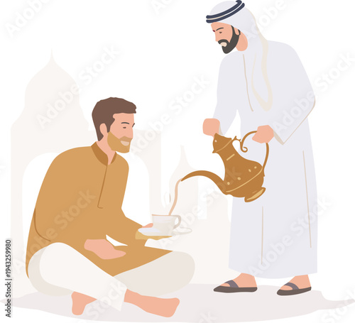 Man sitting while another man pours tea in traditional Arabic clothing