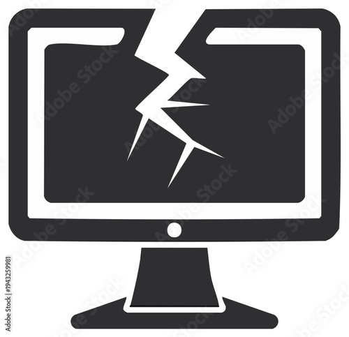Broken computer monitor graphic icon. Screen crack damage design.