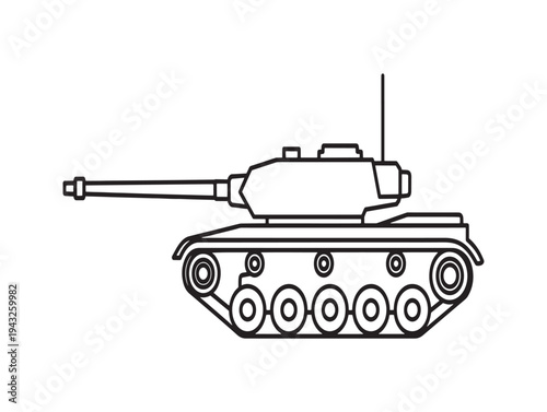 A black and white line drawing of a military tank with a long gun and treads