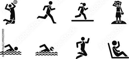 Black silhouette icons of people engaging in various sports and exercises