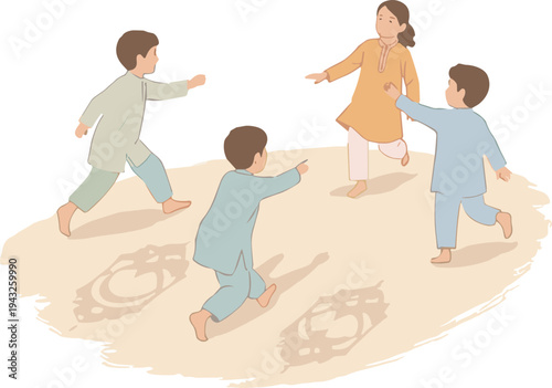 Children play with an adult in a sandy area with wheels