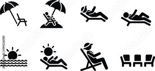 Beach and poolside icons featuring people relaxing in various positions