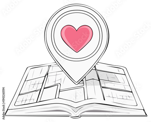 Love location pin on open map book finding a romantic destination or favorite place