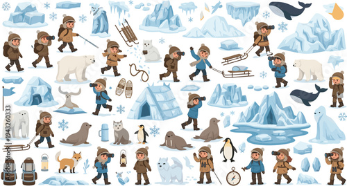Kids Arctic Explorer Adventure Collection with Polar Animals, Igloo Camp, Snowy Ice Landscape, Sled Travel, and Cute Cartoon Children Polar Expedition Illustration Set