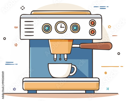 Cute retro espresso machine making coffee illustration. Flat line art vector icon for cafe or kitchen.