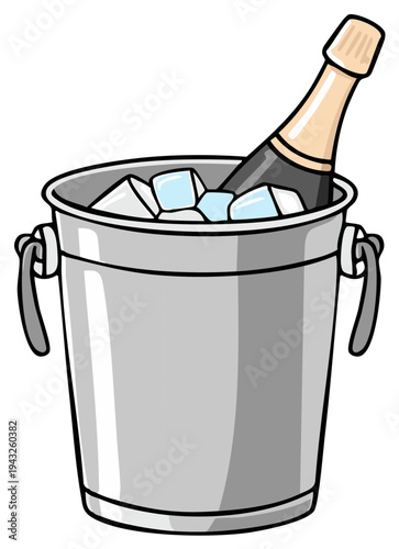 Celebratory champagne bottle chilling in a metal ice bucket with cubes