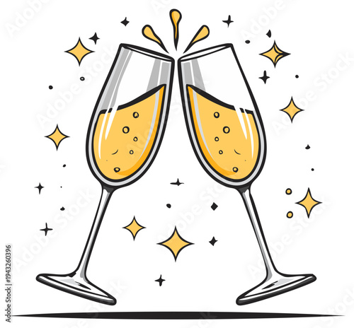 Festive illustration of two clinking champagne flutes with sparkling bubbles celebrating