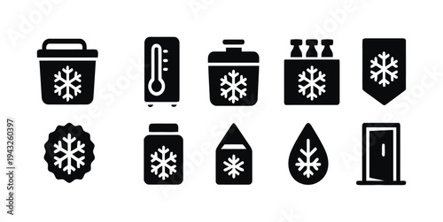 Set of cold and freezer related icons with snowflakes and temperature symbols