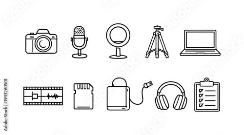 Set of icons for content creation and digital media production including camera microphone tripod and laptop