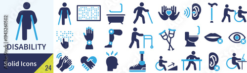 Set of solid icons representing disability and accessibility concepts