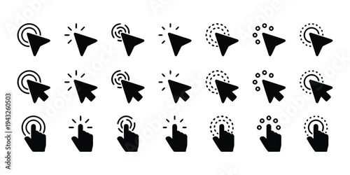 Set of cursor icons showing pointer and hand symbols with different click effects and animations
